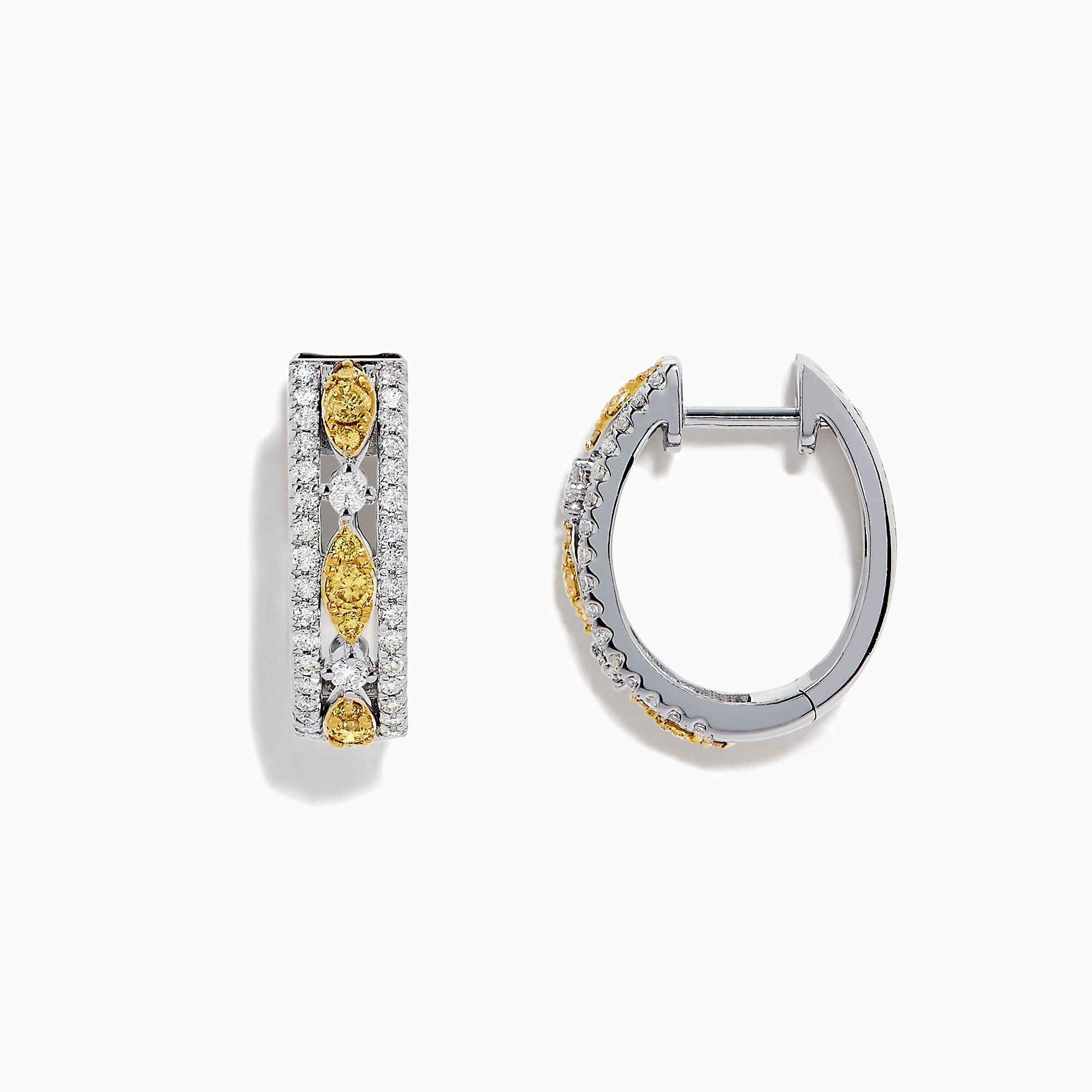 A pair of Canare 14K White Gold 5/8 Yellow Diamond Hoop Earrings, 0.67 TCW, featuring sparkling yellow diamonds set in white gold in an elegant vertical hoop design.