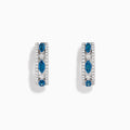 The Bella Bleu 14K White Gold Blue and White Diamond Small Hoop Earrings showcase three marquise-shaped clusters of blue and white diamonds set along the front.