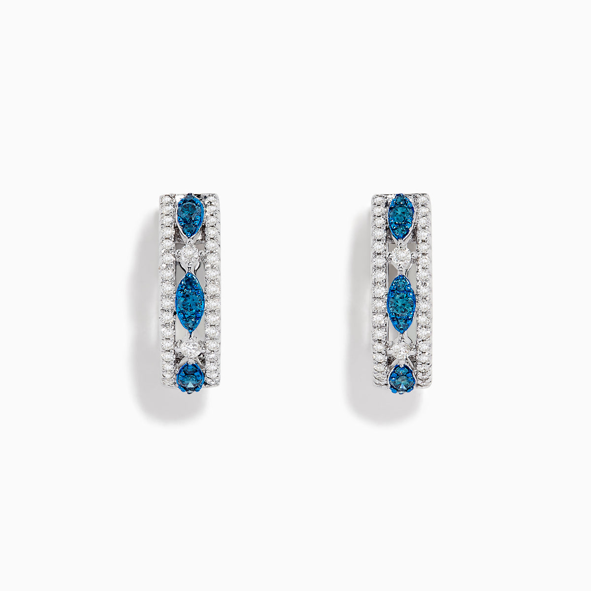 The Bella Bleu 14K White Gold Blue and White Diamond Small Hoop Earrings showcase three marquise-shaped clusters of blue and white diamonds set along the front.