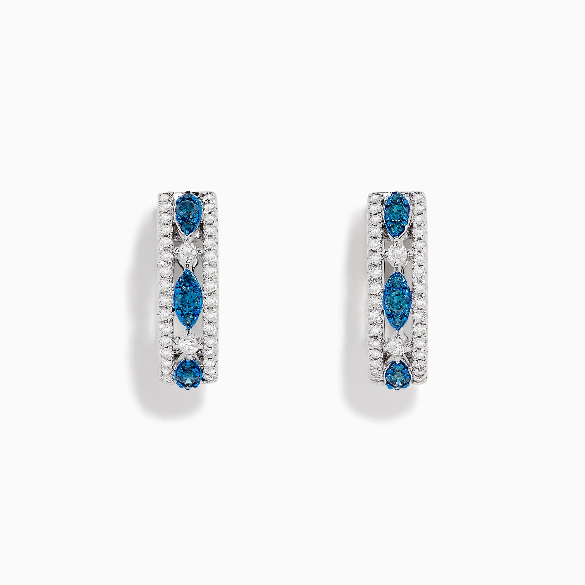 The Bella Bleu 14K White Gold Blue and White Diamond Small Hoop Earrings showcase three marquise-shaped clusters of blue and white diamonds set along the front.