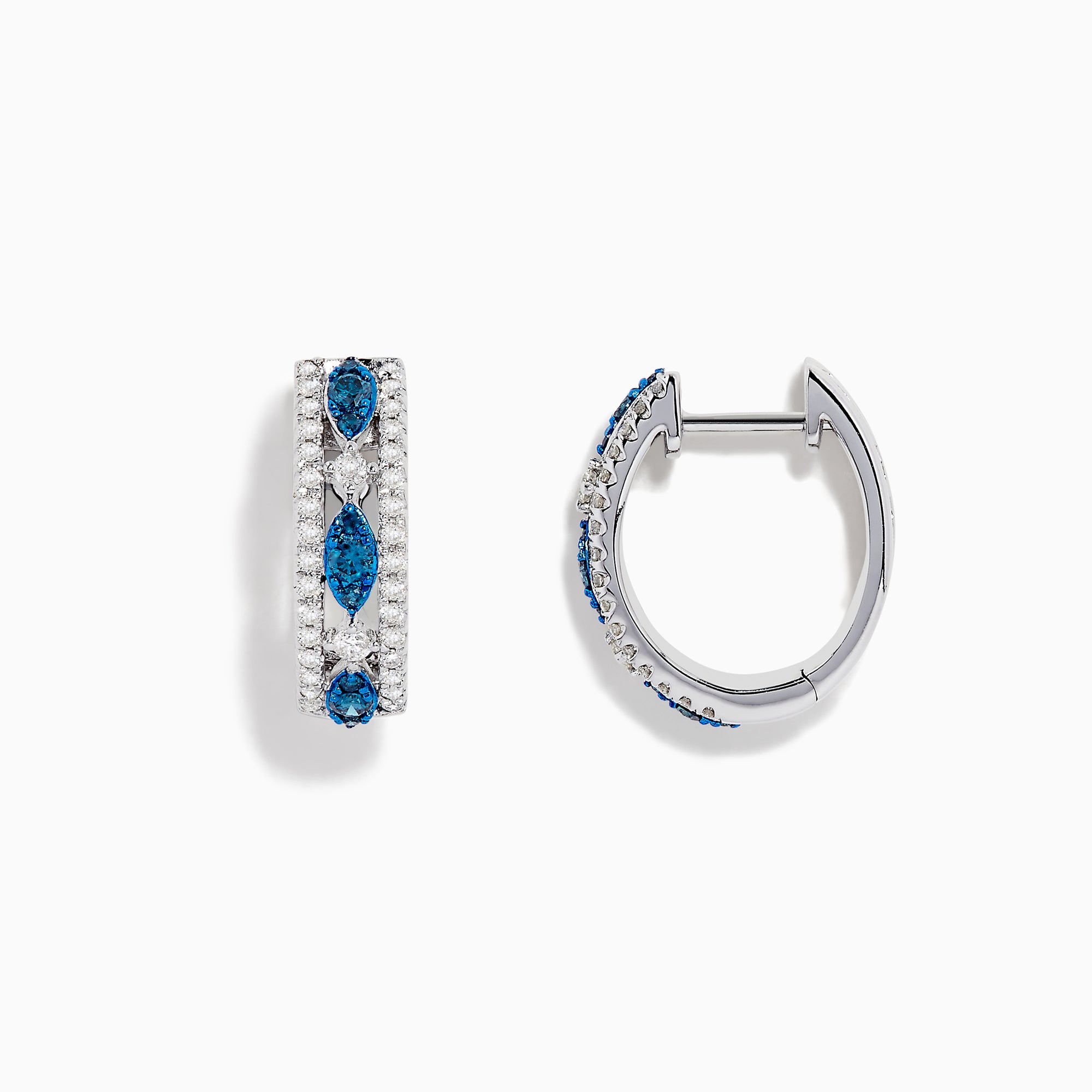 The Bella Bleu 14K White Gold Blue and White Diamond Small Hoop Earrings showcase three marquise-shaped clusters of blue and white diamonds set along the front.