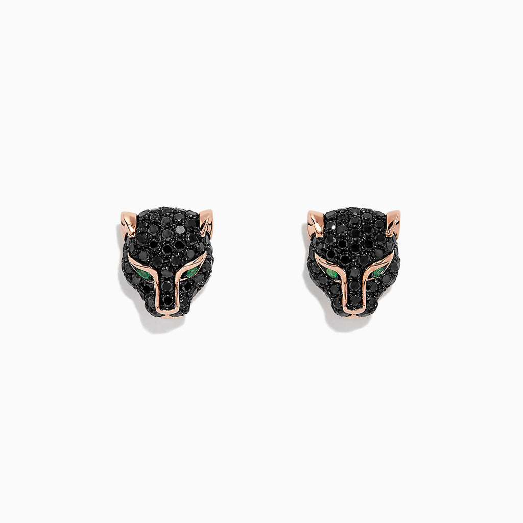 A pair of Signature 14K Rose Gold Black Diamond & Emerald Earrings, 0.93 TCW, shaped like panther heads with black diamonds, rose gold and emerald accents for the eyes, displayed on a plain white background.