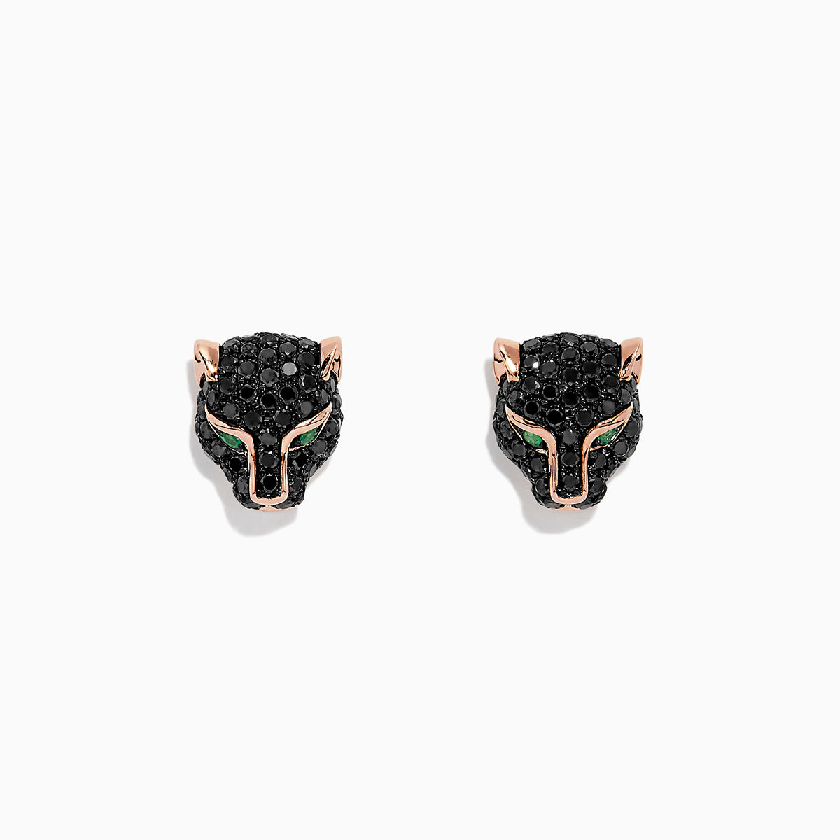A pair of Signature 14K Rose Gold Black Diamond & Emerald Earrings, 0.93 TCW, shaped like panther heads with black diamonds, rose gold and emerald accents for the eyes, displayed on a plain white background.