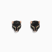 A pair of Signature 14K Rose Gold Black Diamond & Emerald Earrings, 0.93 TCW, shaped like panther heads with black diamonds, rose gold and emerald accents for the eyes, displayed on a plain white background.