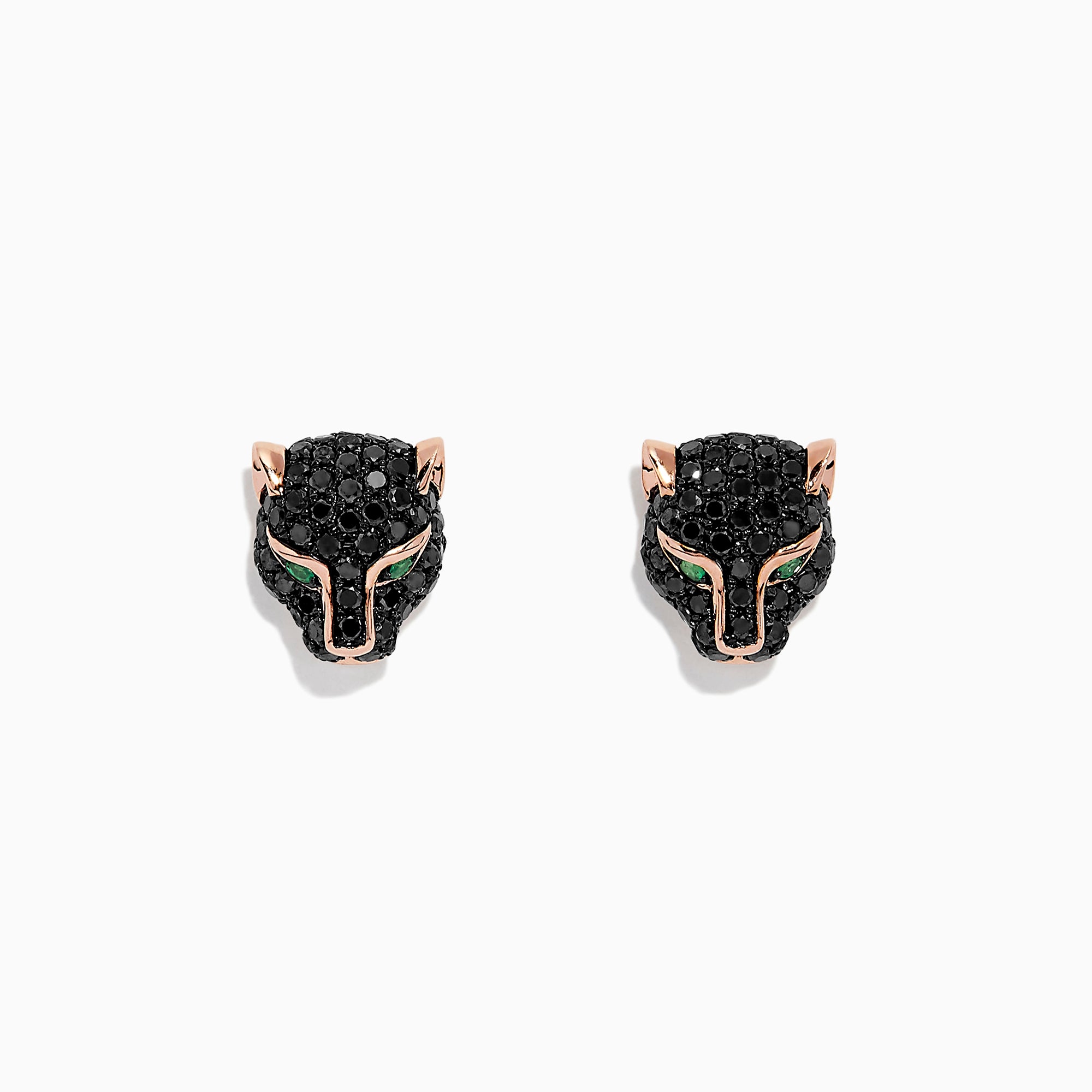 A pair of Signature 14K Rose Gold Black Diamond & Emerald Earrings, 0.93 TCW, shaped like panther heads with black diamonds, rose gold and emerald accents for the eyes, displayed on a plain white background.