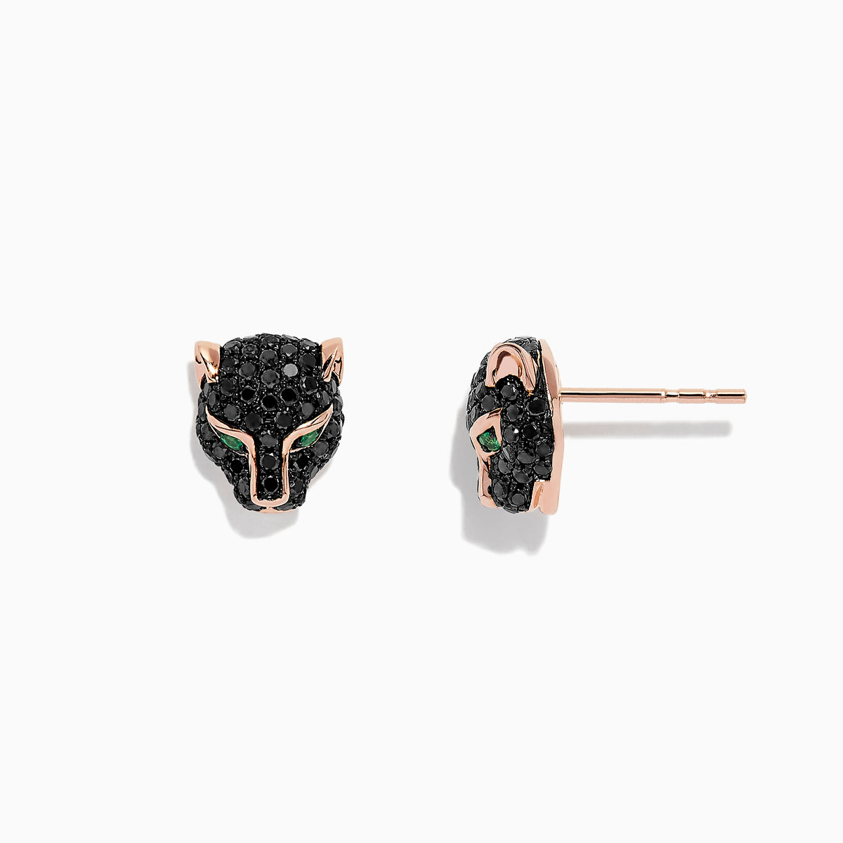 A pair of Signature 14K Rose Gold Black Diamond & Emerald Earrings, 0.93 TCW, shaped like panther heads with black diamonds, rose gold and emerald accents for the eyes, displayed on a plain white background.