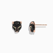 A pair of Signature 14K Rose Gold Black Diamond & Emerald Earrings, 0.93 TCW, shaped like panther heads with black diamonds, rose gold and emerald accents for the eyes, displayed on a plain white background.