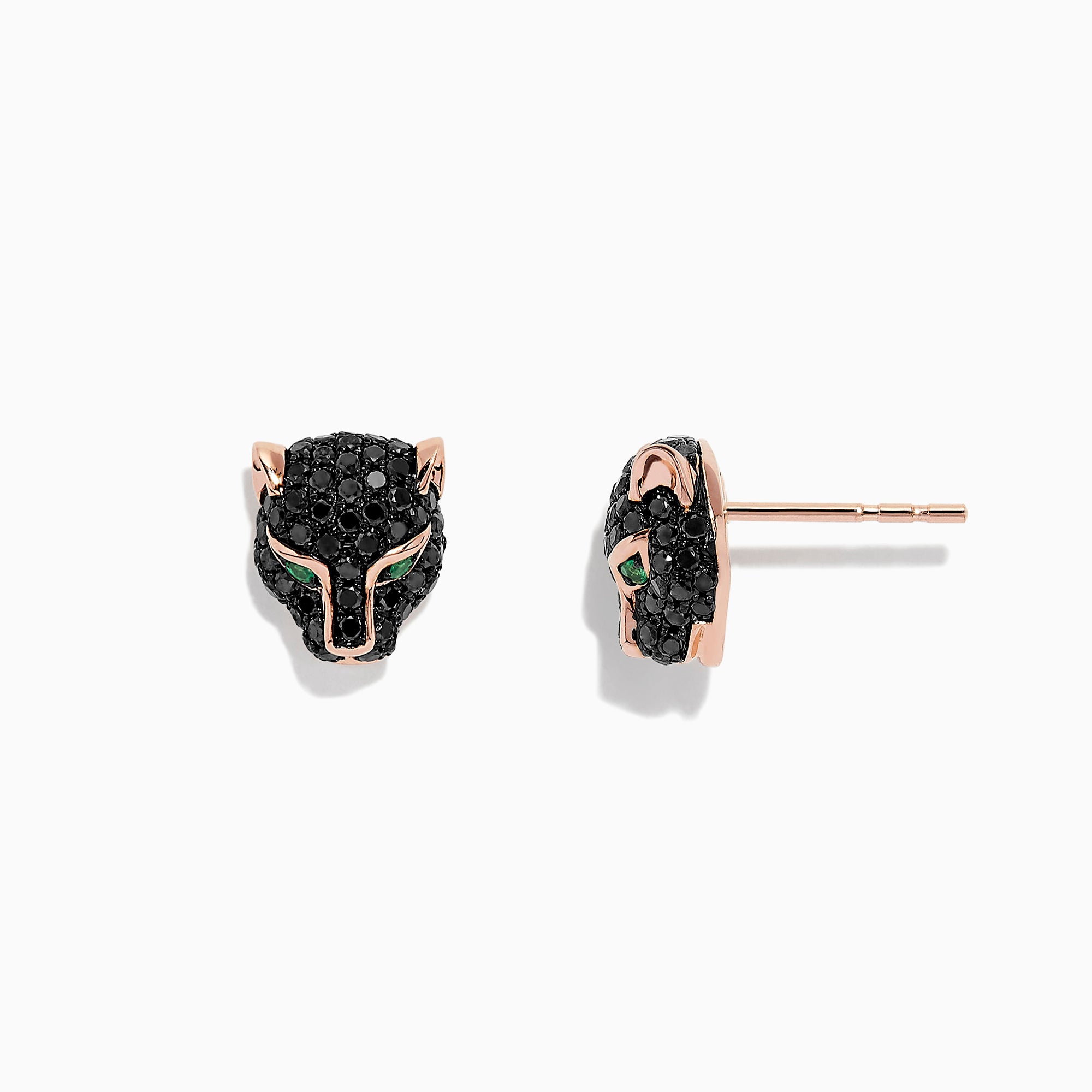 A pair of Signature 14K Rose Gold Black Diamond & Emerald Earrings, 0.93 TCW, shaped like panther heads with black diamonds, rose gold and emerald accents for the eyes, displayed on a plain white background.