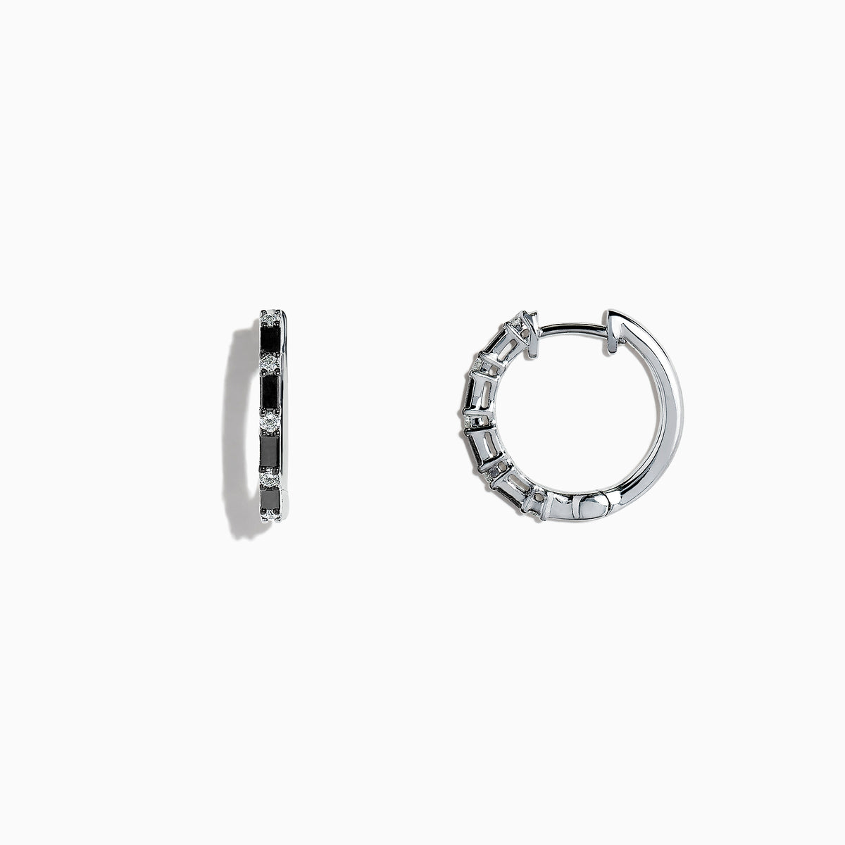 A pair of 14K white gold hoop earrings with black and white diamonds totaling 0.45 TCW, showcased against a plain white background. Effy craftsmanship enhances the modern elegance of this striking jewelry piece.