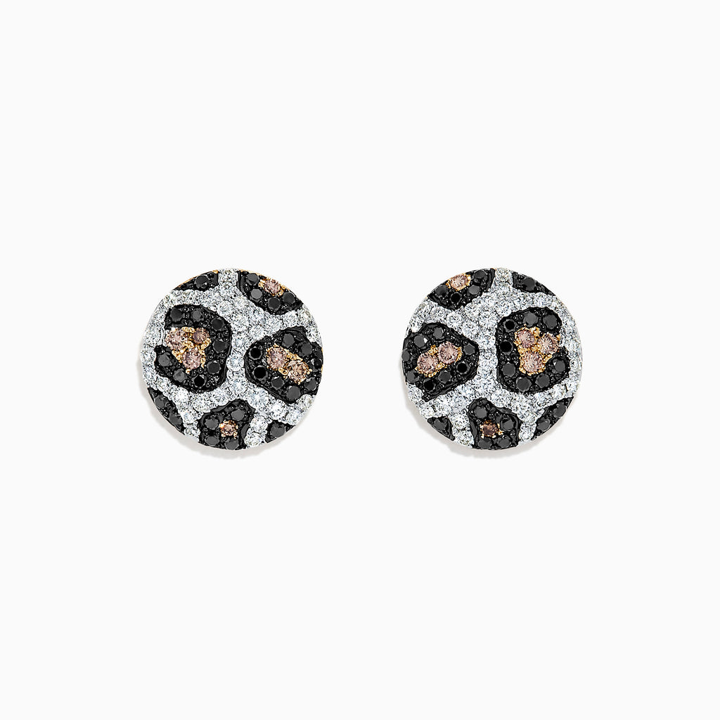 14K yellow gold earrings with espresso, black, and white diamonds (0.94 TCW) in a round stud design, displayed on a white background.