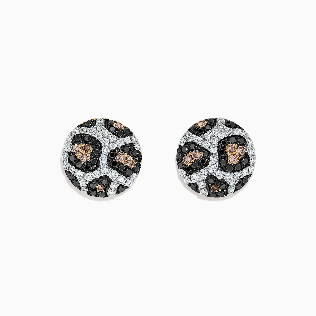 14K yellow gold earrings with espresso, black, and white diamonds (0.94 TCW) in a round stud design, displayed on a white background.