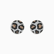 14K yellow gold earrings with espresso, black, and white diamonds (0.94 TCW) in a round stud design, displayed on a white background.