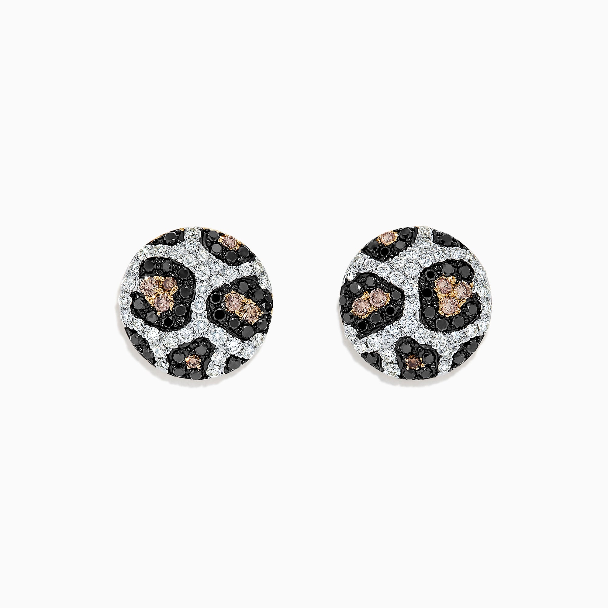 14K yellow gold earrings with espresso, black, and white diamonds (0.94 TCW) in a round stud design, displayed on a white background.