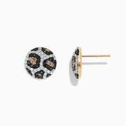 14K yellow gold earrings with espresso, black, and white diamonds (0.94 TCW) in a round stud design, displayed on a white background.
