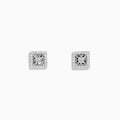14K White Gold Square Diamond Halo Stud Earrings, featuring a central princess-cut diamond encircled by round diamonds, total 0.46 TCW, displayed on a white background.
