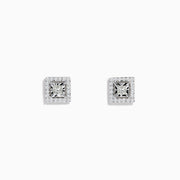 14K White Gold Square Diamond Halo Stud Earrings, featuring a central princess-cut diamond encircled by round diamonds, total 0.46 TCW, displayed on a white background.