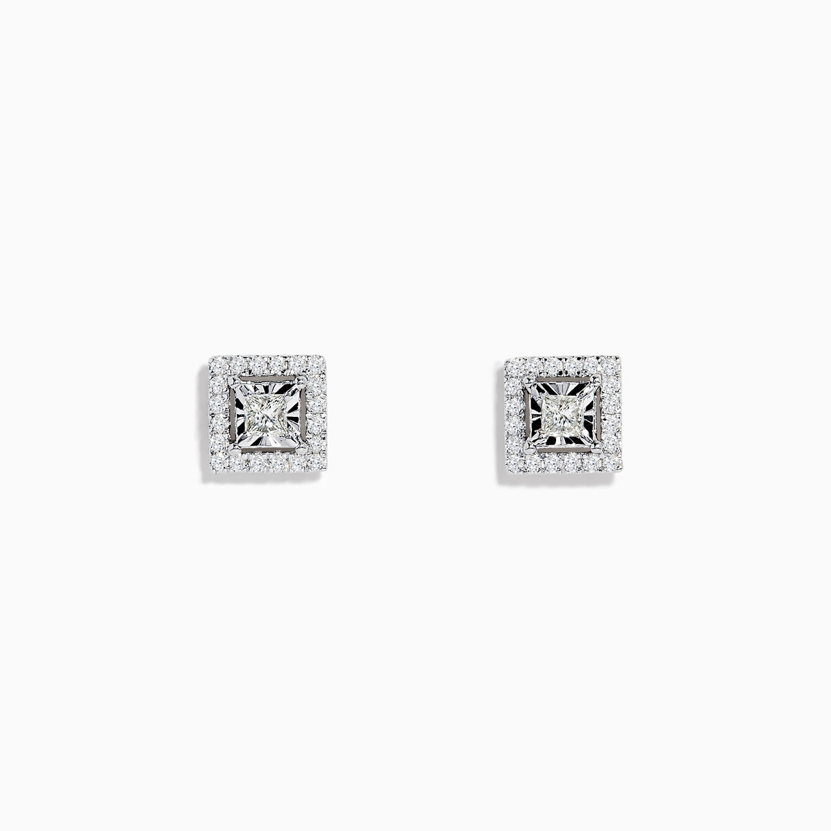 14K White Gold Square Diamond Halo Stud Earrings, featuring a central princess-cut diamond encircled by round diamonds, total 0.46 TCW, displayed on a white background.