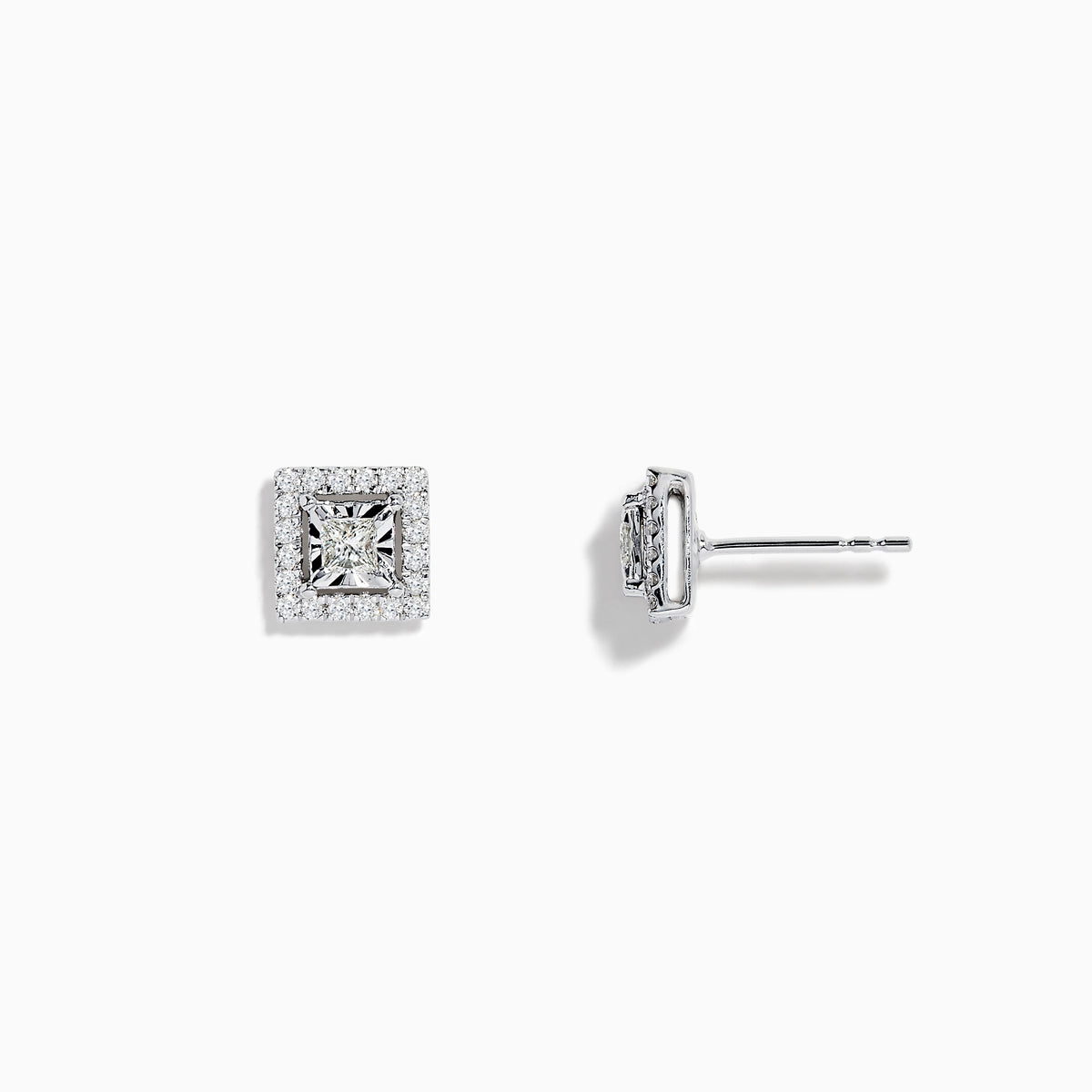 14K White Gold Square Diamond Halo Stud Earrings, featuring a central princess-cut diamond encircled by round diamonds, total 0.46 TCW, displayed on a white background.