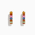 The Watercolors 14K Yellow Gold Multi Sapphire Hoop Earrings, 6.42 TCW, feature rectangular sapphires in orange, pink, blue, green, and yellow arranged vertically for a vibrant look.