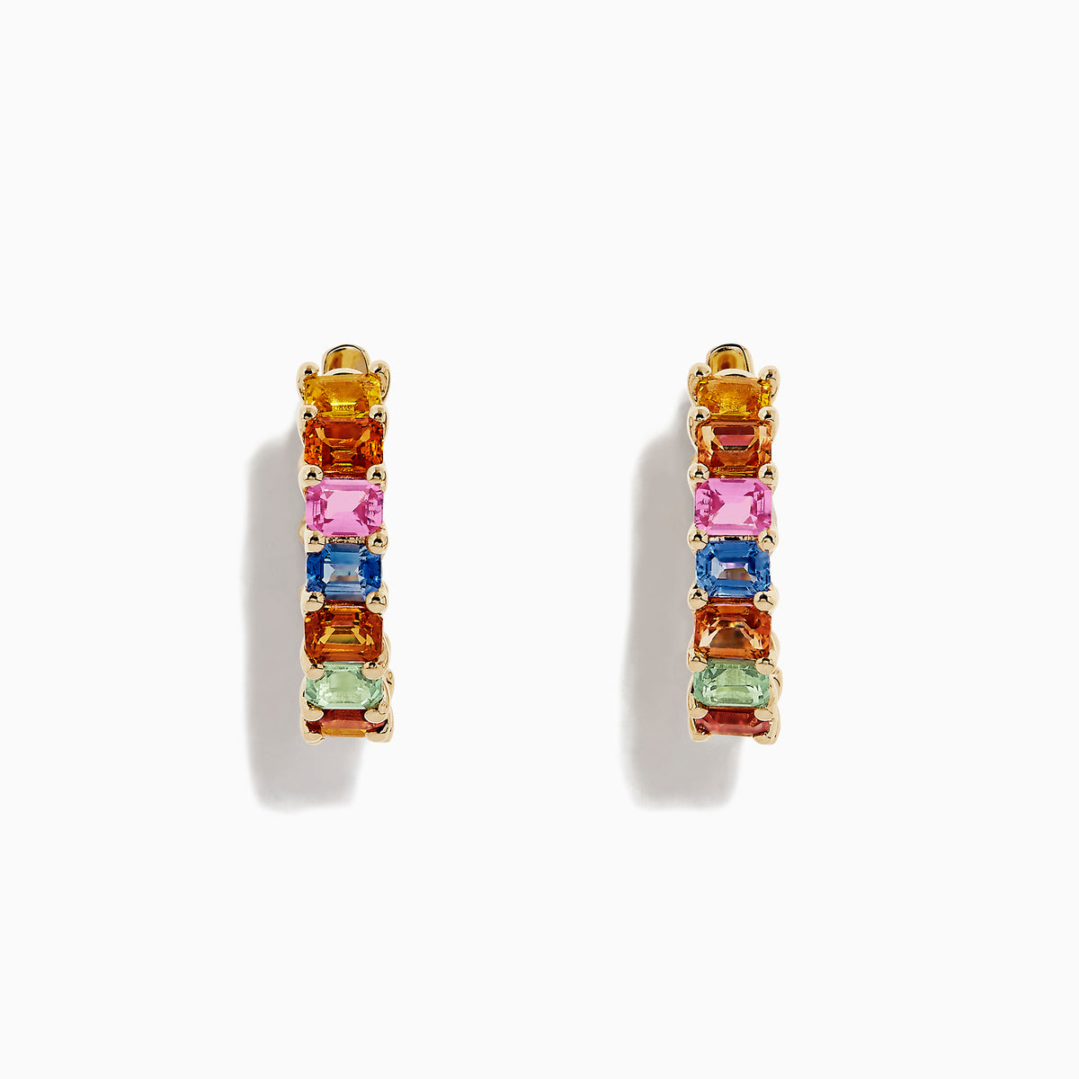 The Watercolors 14K Yellow Gold Multi Sapphire Hoop Earrings, 6.42 TCW, feature rectangular sapphires in orange, pink, blue, green, and yellow arranged vertically for a vibrant look.
