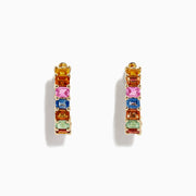 The Watercolors 14K Yellow Gold Multi Sapphire Hoop Earrings, 6.42 TCW, feature rectangular sapphires in orange, pink, blue, green, and yellow arranged vertically for a vibrant look.