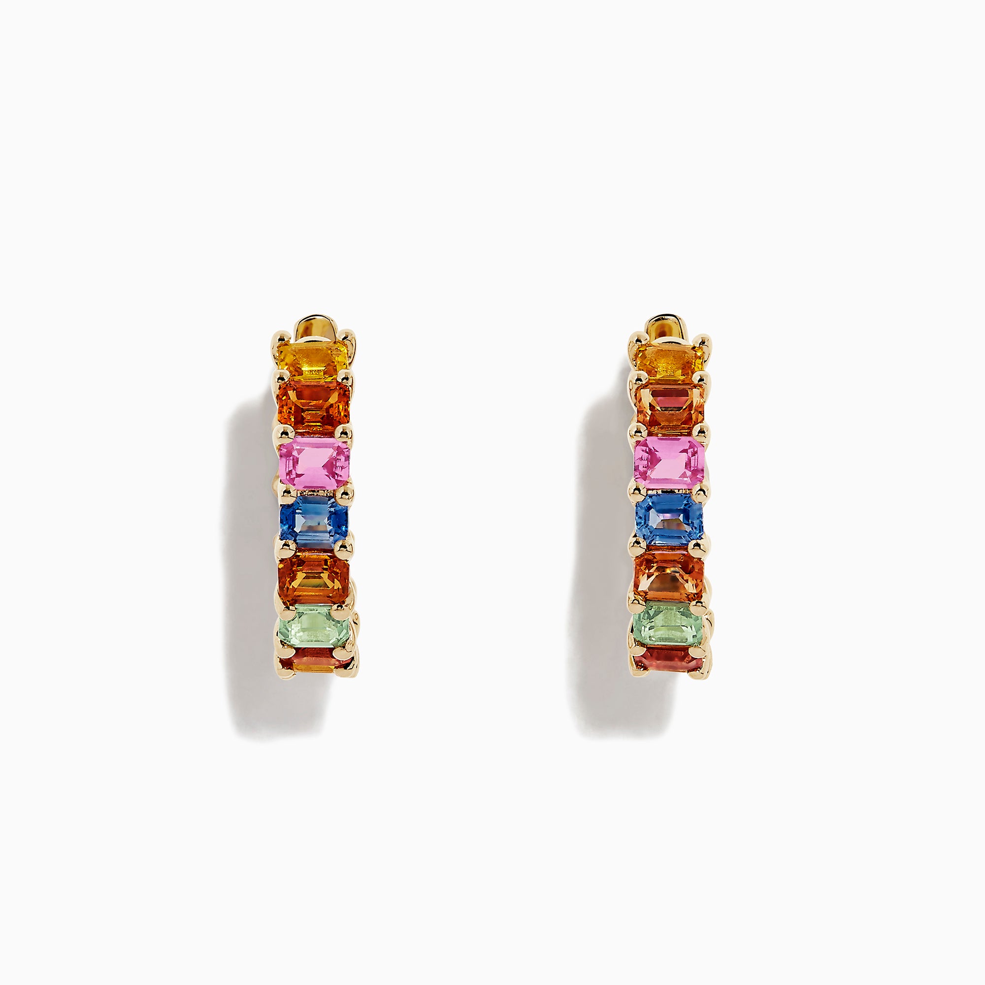 The Watercolors 14K Yellow Gold Multi Sapphire Hoop Earrings, 6.42 TCW, feature rectangular sapphires in orange, pink, blue, green, and yellow arranged vertically for a vibrant look.