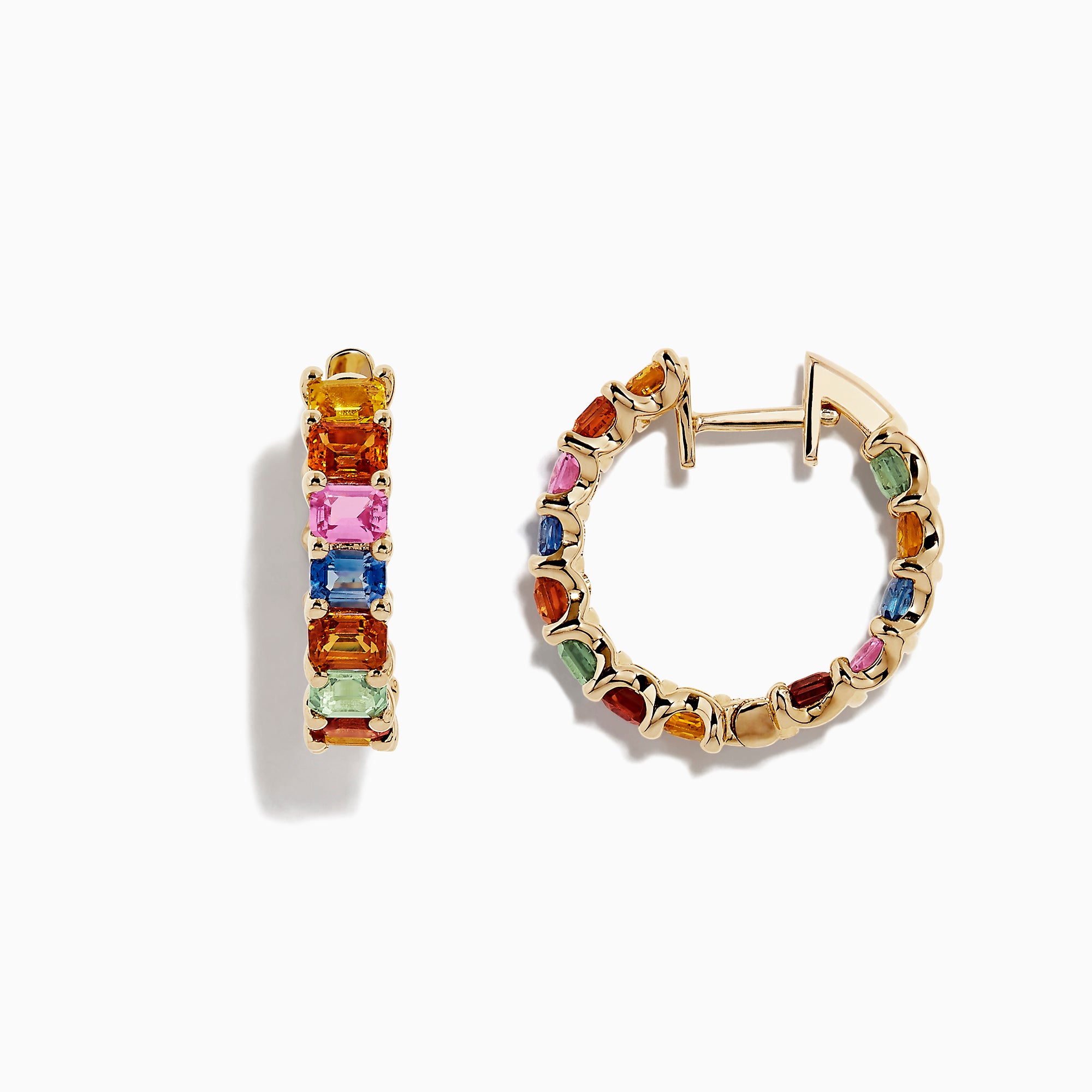 The Watercolors 14K Yellow Gold Multi Sapphire Hoop Earrings, 6.42 TCW, feature rectangular sapphires in orange, pink, blue, green, and yellow arranged vertically for a vibrant look.