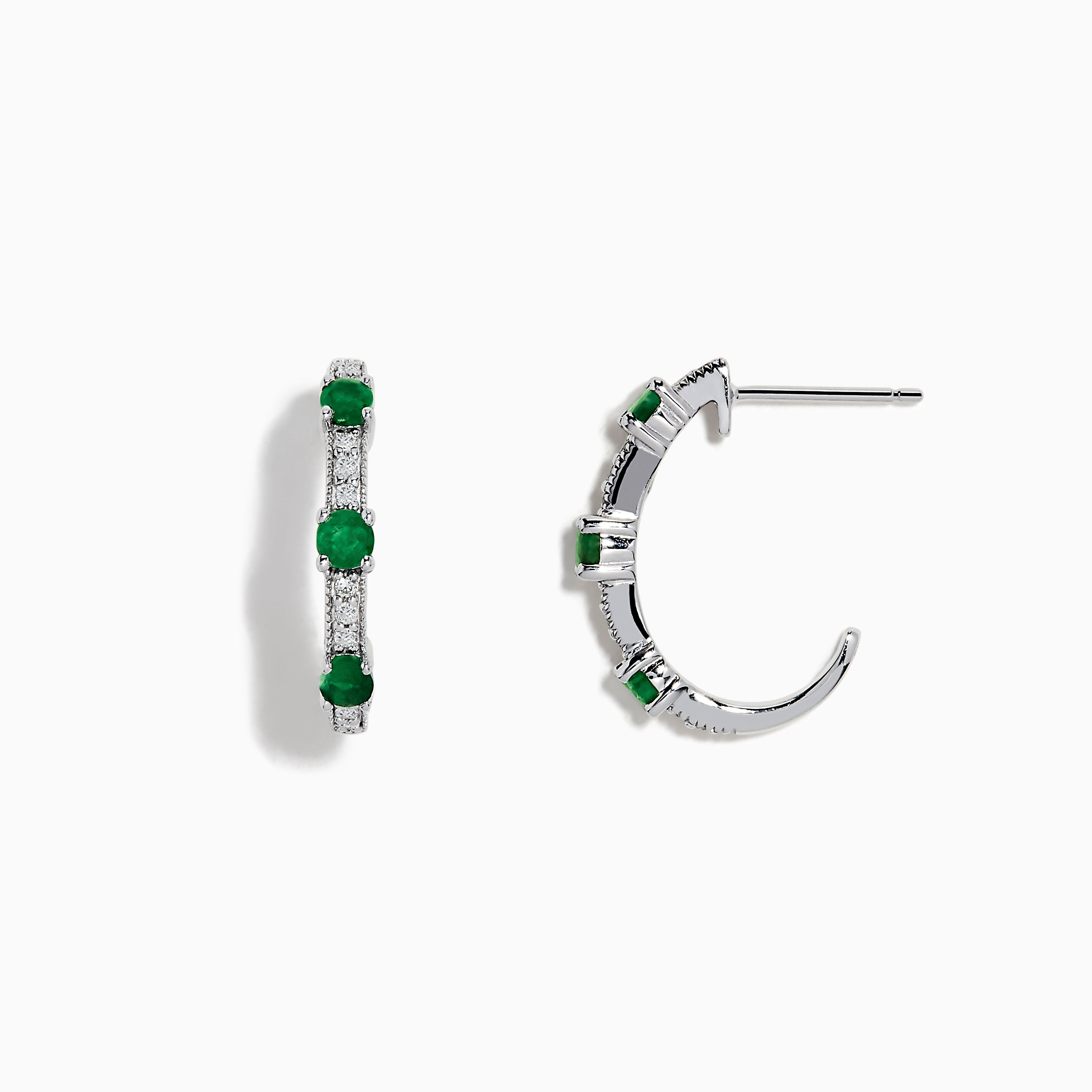 Effy 14K White Gold Emerald and Diamond Semi Hoop Earrings