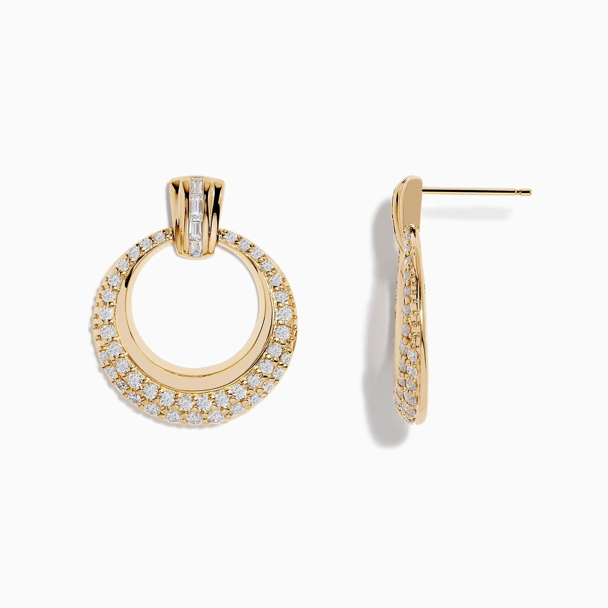 Introducing the D’Oro 14K Yellow Gold Diamond Drop Earrings: a stunning pair of Effy earrings beautifully crafted from lustrous 14K yellow gold, featuring double circles adorned with sparkling diamonds. Elegantly displayed against a white background, these earrings are perfect for those who appreciate the timeless allure of diamond drop designs.