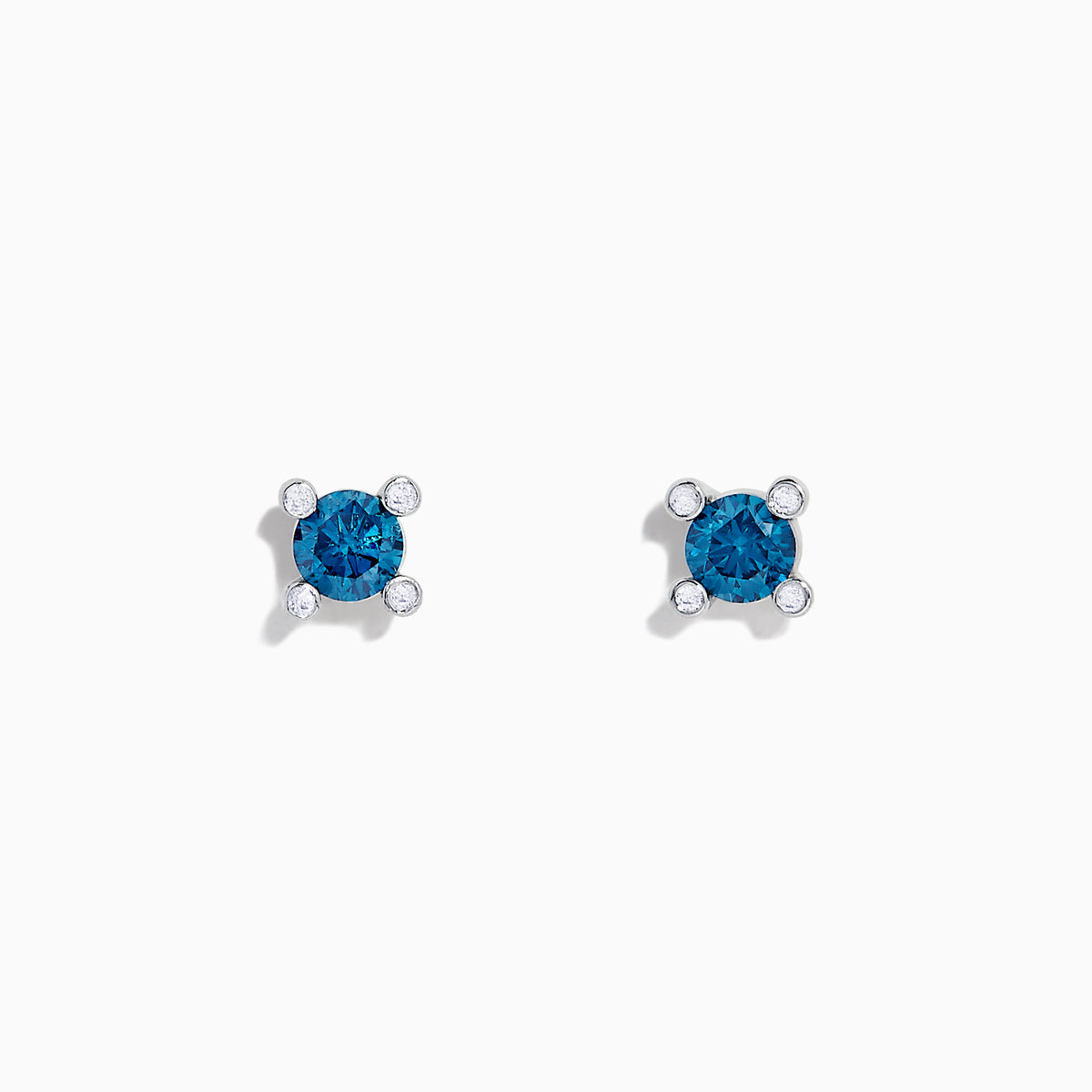 Bella Bleu 14K White Gold Blue Diamond Stud Earrings, 0.53 TCW, feature round blue gemstones set in white gold prongs and accented with four small clear stones on each earring, shown against a white background.