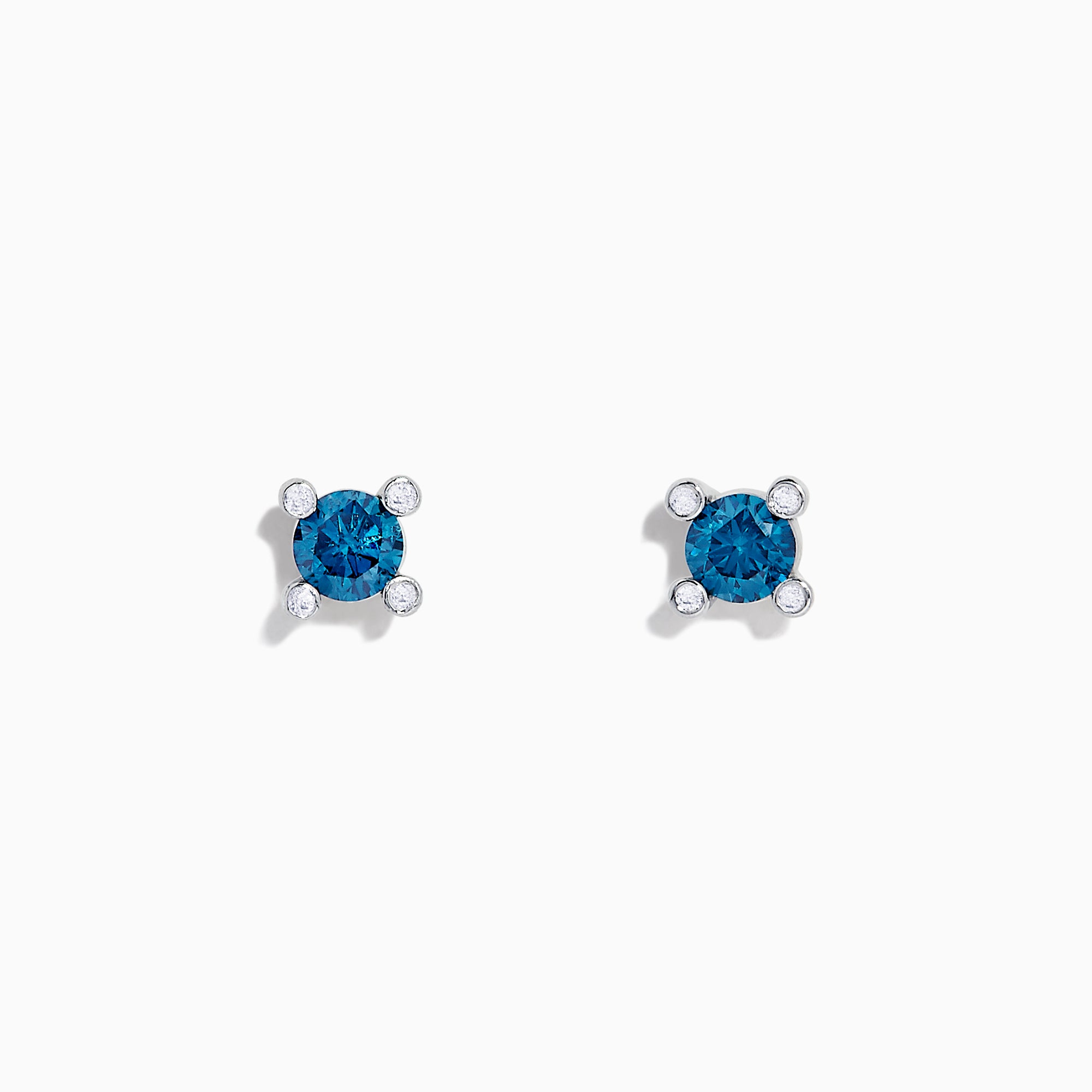 Bella Bleu 14K White Gold Blue Diamond Stud Earrings, 0.53 TCW, feature round blue gemstones set in white gold prongs and accented with four small clear stones on each earring, shown against a white background.
