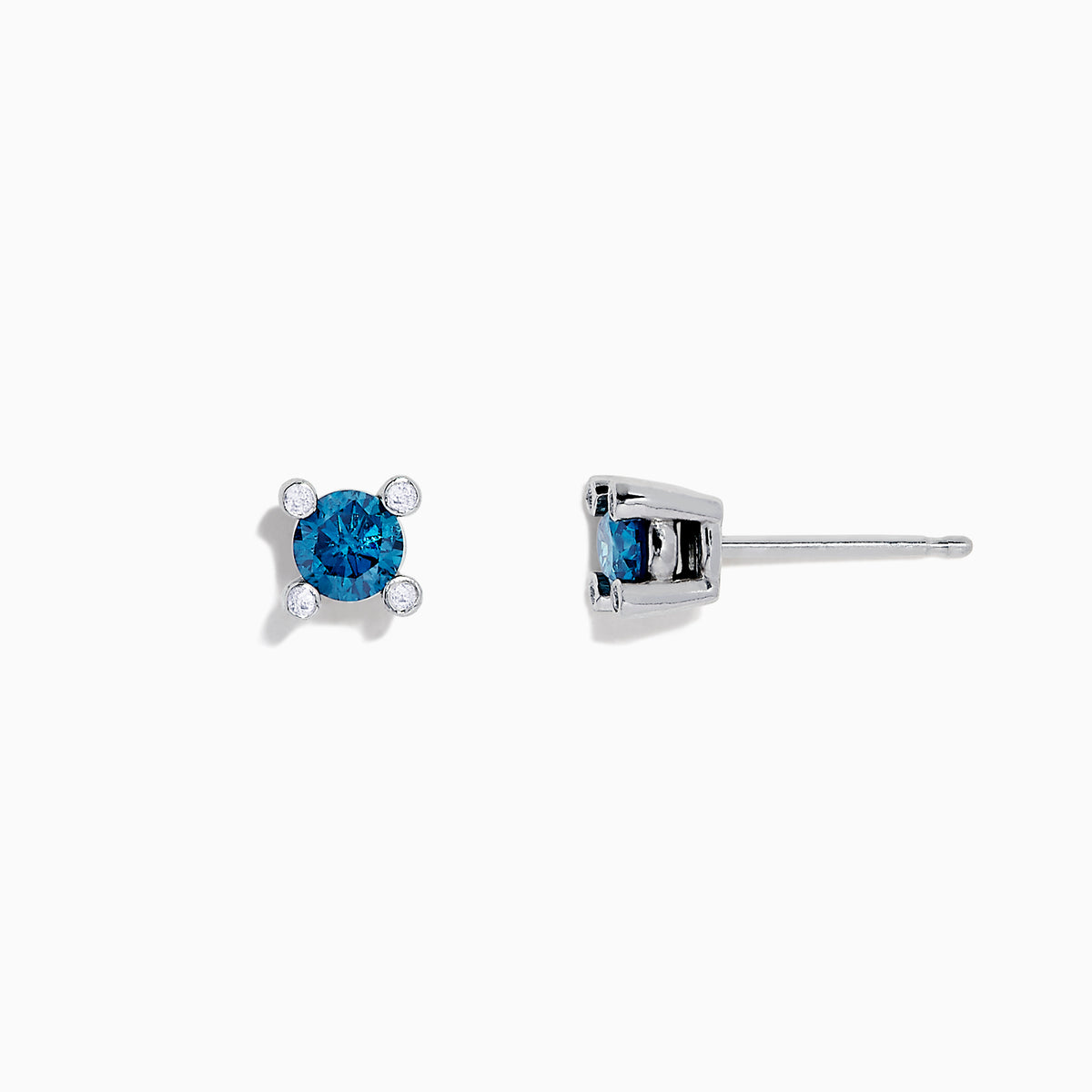 Bella Bleu 14K White Gold Blue Diamond Stud Earrings, 0.53 TCW, feature round blue gemstones set in white gold prongs and accented with four small clear stones on each earring, shown against a white background.