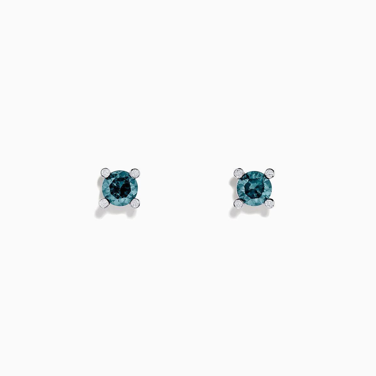The 14K White Gold Blue Diamond Stud Earrings, 1.03 TCW, feature round blue diamonds set in four-prong white gold settings and are shown on a plain white background.