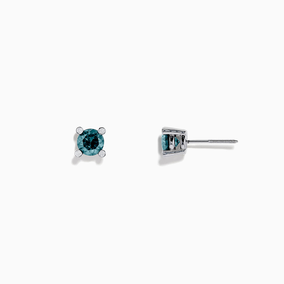 The 14K White Gold Blue Diamond Stud Earrings, 1.03 TCW, feature round blue diamonds set in four-prong white gold settings and are shown on a plain white background.