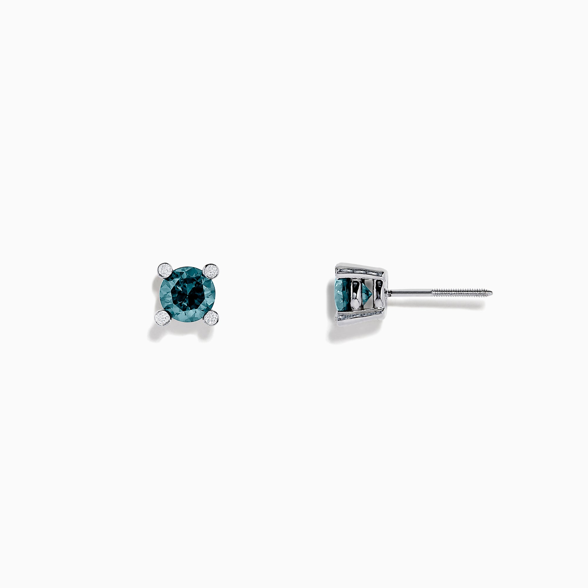The 14K White Gold Blue Diamond Stud Earrings, 1.03 TCW, feature round blue diamonds set in four-prong white gold settings and are shown on a plain white background.