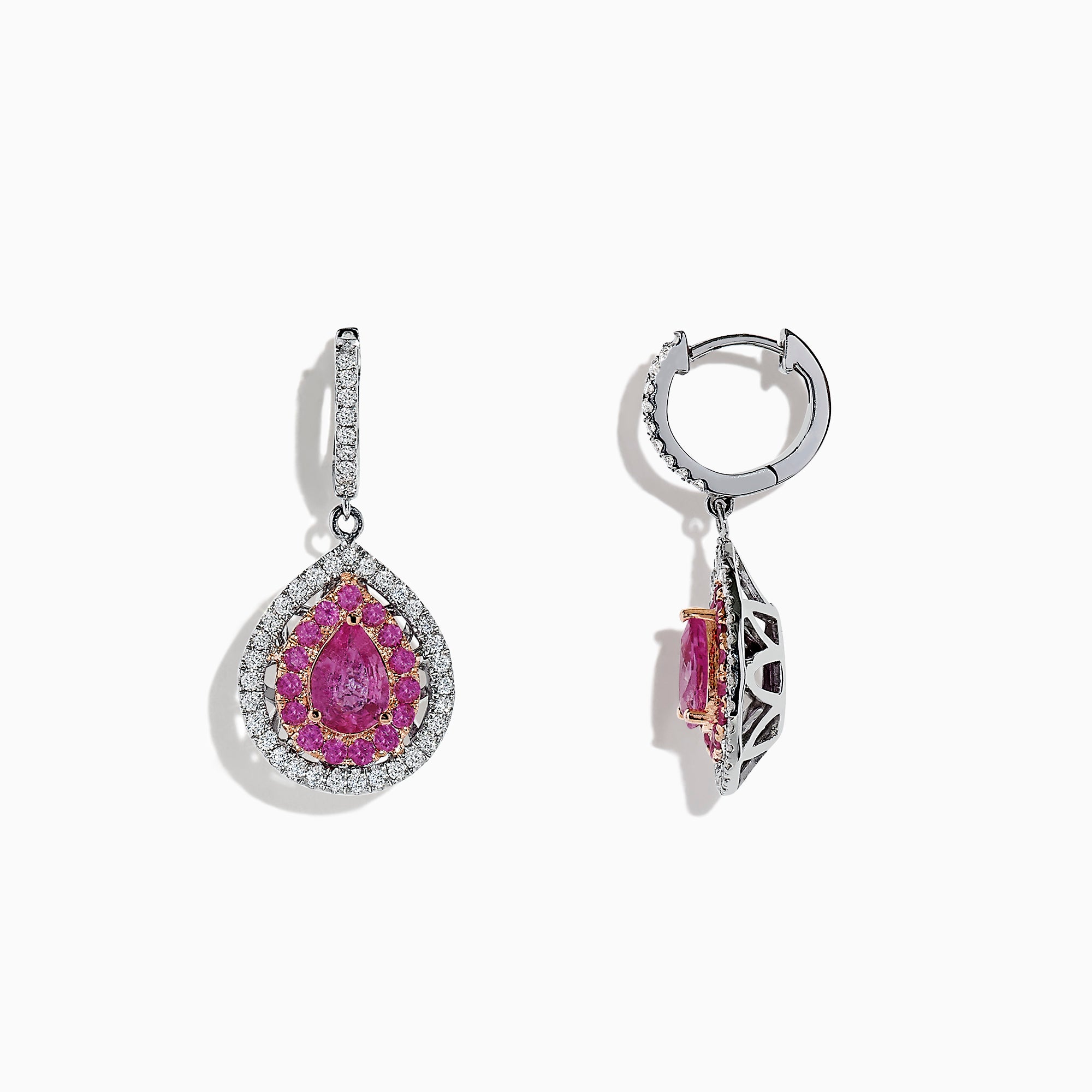 Experience elegance with these 14K two-tone gold drop earrings featuring pear-shaped pink sapphires and sparkling diamonds, totaling 2.73 carats. Perfectly crafted for a touch of luxurious sophistication.