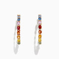 The Watercolors 14K Yellow Gold Multi Sapphire 1 Hoop Earrings (6.18 TCW) feature a rainbow arrangement of sapphires and are shown against a white background with a subtle shadow.