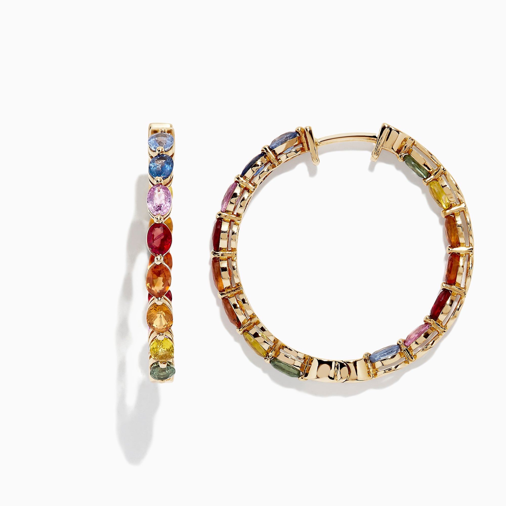 The Watercolors 14K Yellow Gold Multi Sapphire 1 Hoop Earrings (6.18 TCW) feature a rainbow arrangement of sapphires and are shown against a white background with a subtle shadow.