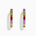 The Watercolors 14K Yellow Gold Multi Sapphire 1 Hoop Earrings (4.79 TCW) feature square-cut, multicolored sapphires in a vivid rainbow pattern, shown against a white background.