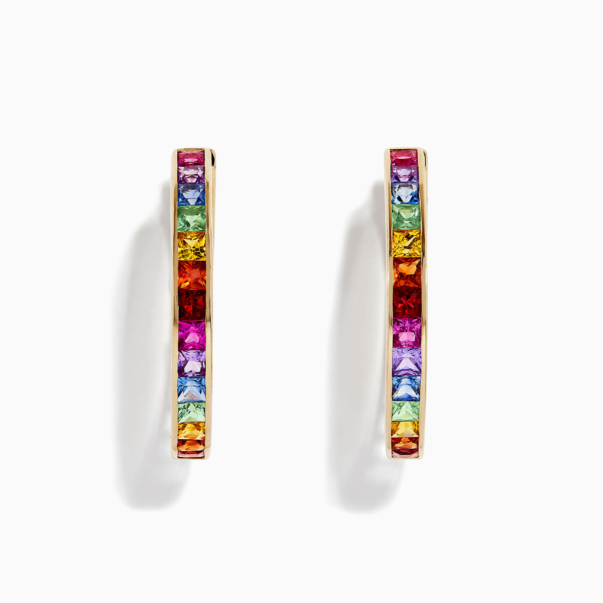 The Watercolors 14K Yellow Gold Multi Sapphire 1 Hoop Earrings (4.79 TCW) feature square-cut, multicolored sapphires in a vivid rainbow pattern, shown against a white background.