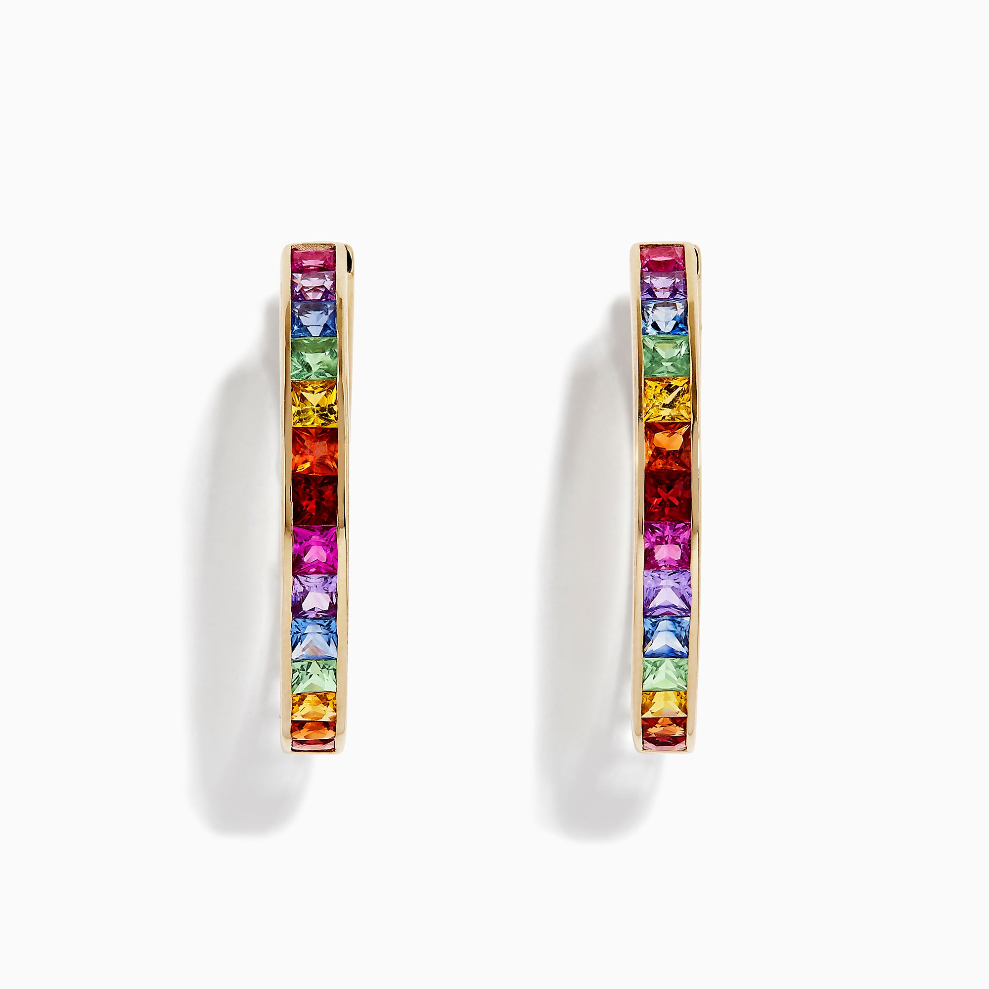 The Watercolors 14K Yellow Gold Multi Sapphire 1 Hoop Earrings (4.79 TCW) feature square-cut, multicolored sapphires in a vivid rainbow pattern, shown against a white background.