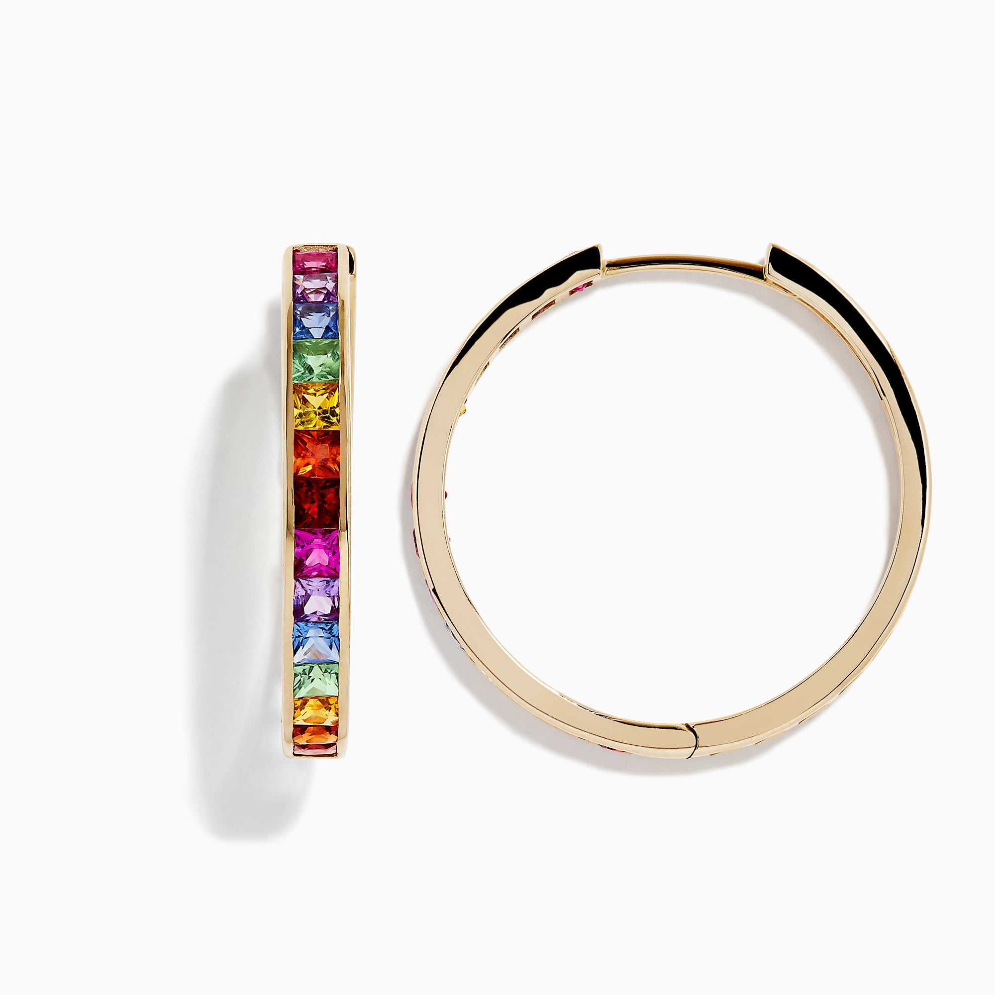The Watercolors 14K Yellow Gold Multi Sapphire 1 Hoop Earrings (4.79 TCW) feature square-cut, multicolored sapphires in a vivid rainbow pattern, shown against a white background.