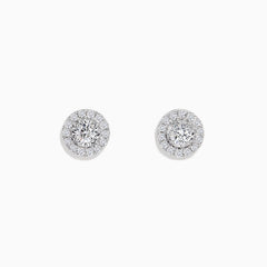 Pave Classica 14K White Gold Diamond Stud Earrings featuring a central diamond accented by a halo of smaller diamonds, set in elegant 14K white gold for a timeless, classic look.