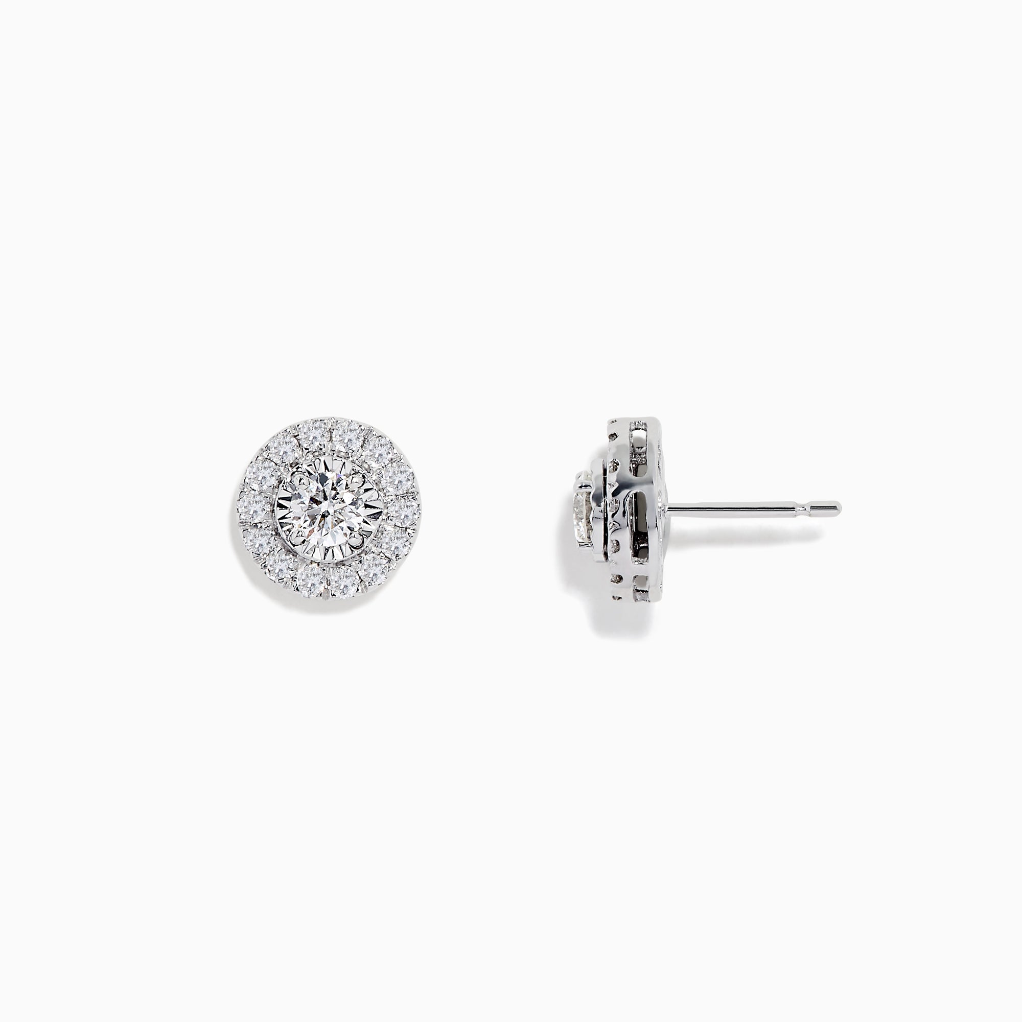 Pave Classica 14K White Gold Diamond Stud Earrings featuring a central diamond accented by a halo of smaller diamonds, set in elegant 14K white gold for a timeless, classic look.