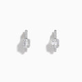The Classique 14K White Gold Diamond 1/2 Huggie Earrings (0.49 TCW) feature elegant rectangular emerald-cut and round diamonds set in white gold hoops, displayed on a white background.