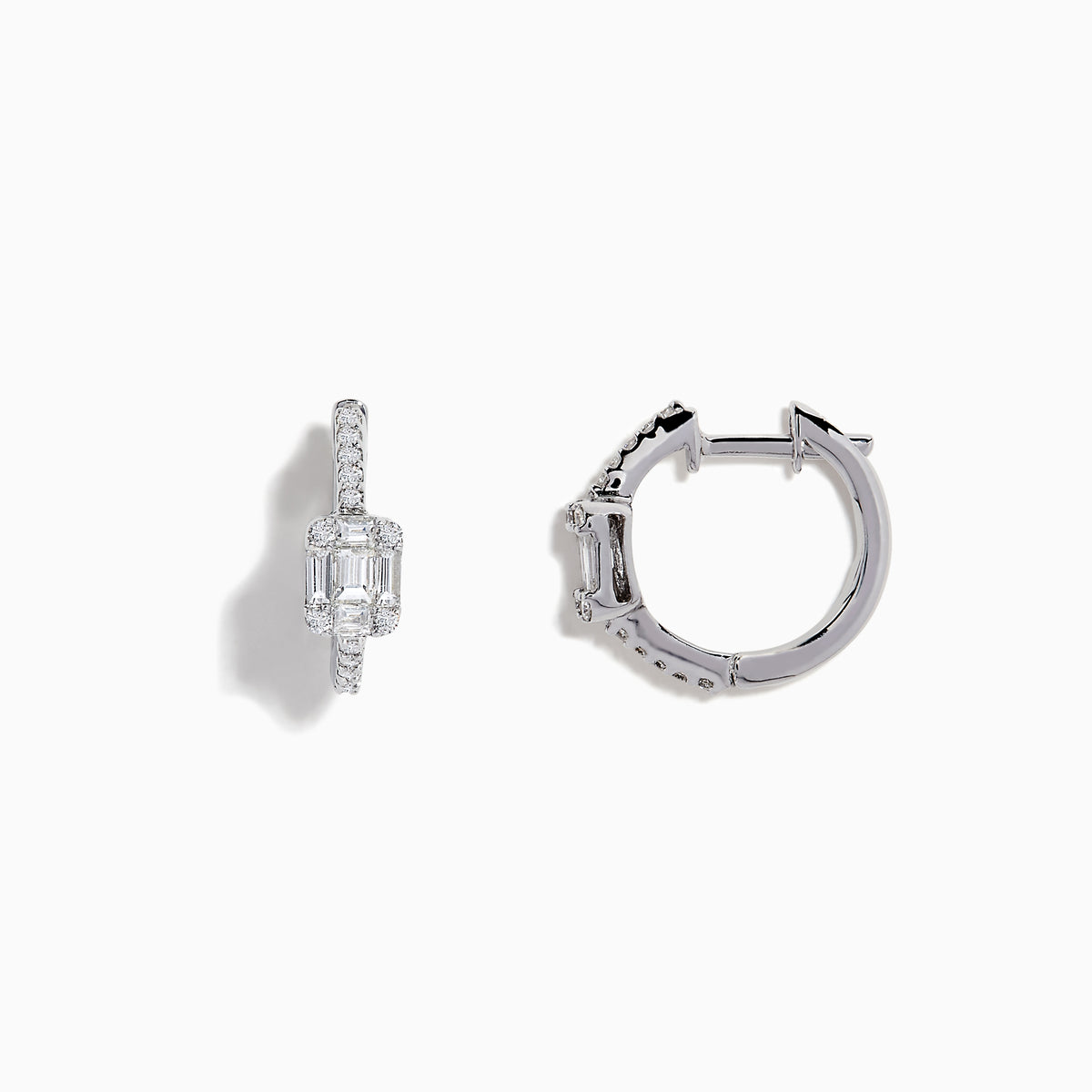 The Classique 14K White Gold Diamond 1/2 Huggie Earrings (0.49 TCW) feature elegant rectangular emerald-cut and round diamonds set in white gold hoops, displayed on a white background.