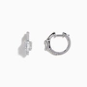 The Classique 14K White Gold Diamond 1/2 Huggie Earrings (0.49 TCW) feature elegant rectangular emerald-cut and round diamonds set in white gold hoops, displayed on a white background.