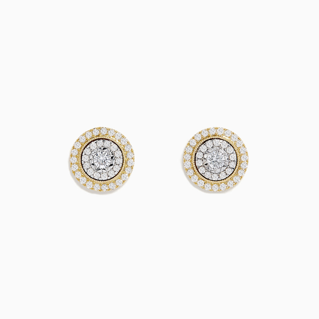 The Duo 14K Two Tone Gold 1/2 Diamond Halo Stud Earrings feature a central diamond cluster encircled by additional diamonds (0.69 TCW), set against a white background.