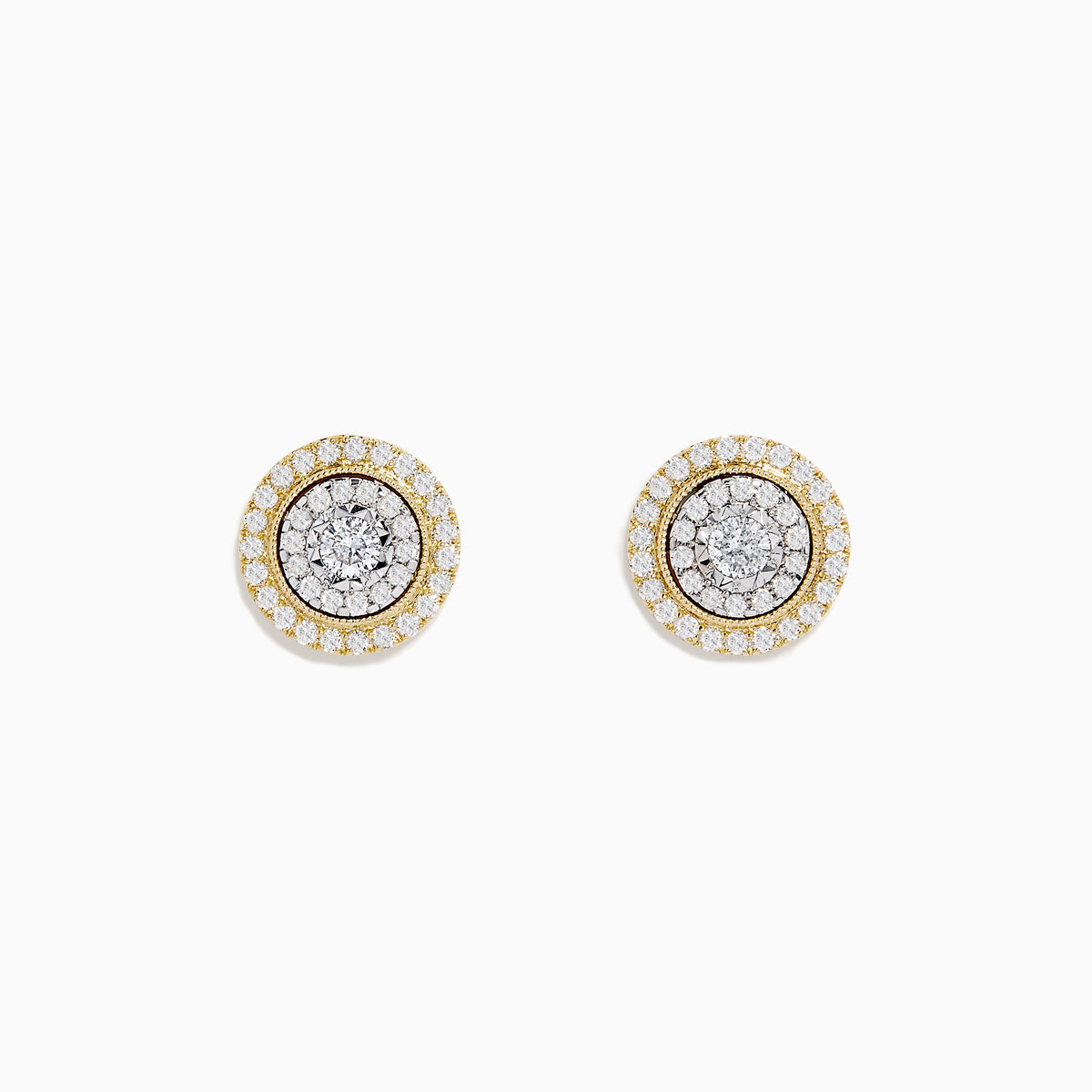 The Duo 14K Two Tone Gold 1/2 Diamond Halo Stud Earrings feature a central diamond cluster encircled by additional diamonds (0.69 TCW), set against a white background.