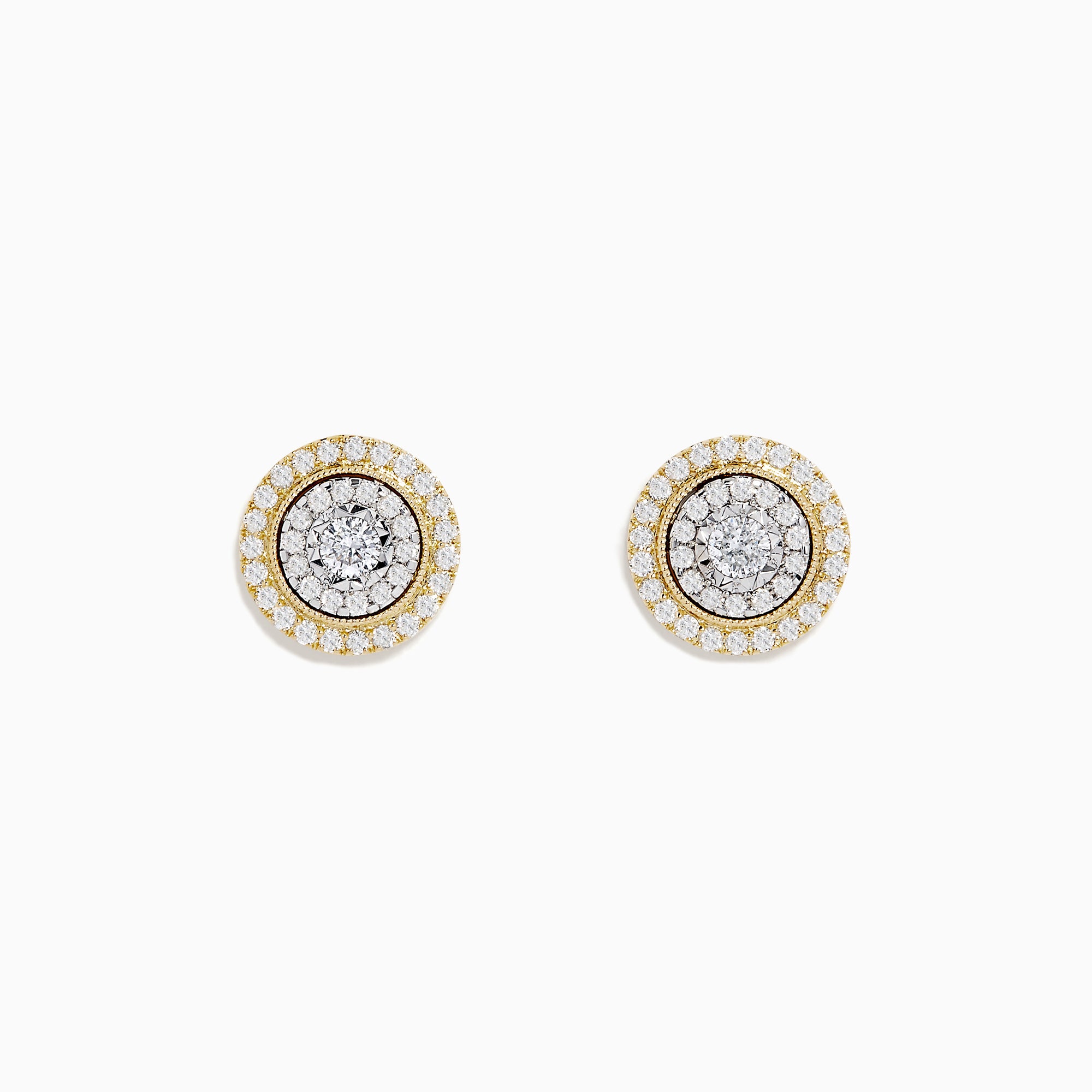 The Duo 14K Two Tone Gold 1/2 Diamond Halo Stud Earrings feature a central diamond cluster encircled by additional diamonds (0.69 TCW), set against a white background.